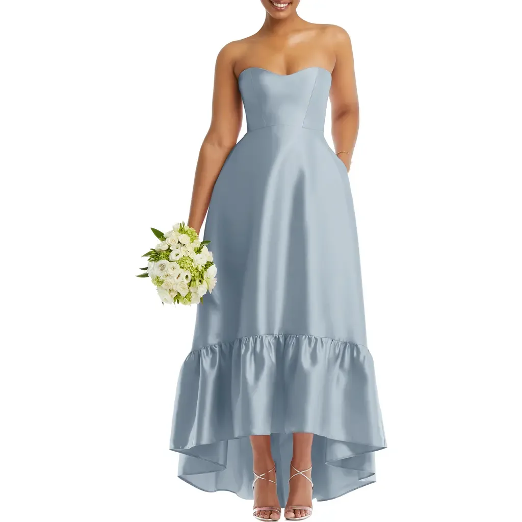 Strapless Ruffle High-Low Satin Gown by Alfred Sung