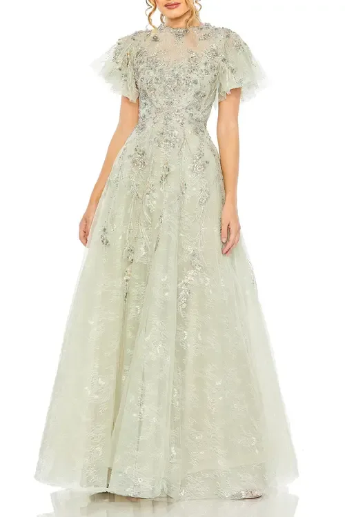 Illusion Neck Beaded Lace Flutter Sleeve Ball Gown by Mac Duggal