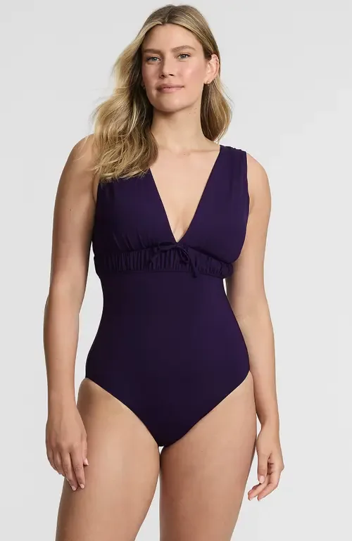 Wide Strap Plunge Shirred One Piece by Lands' End