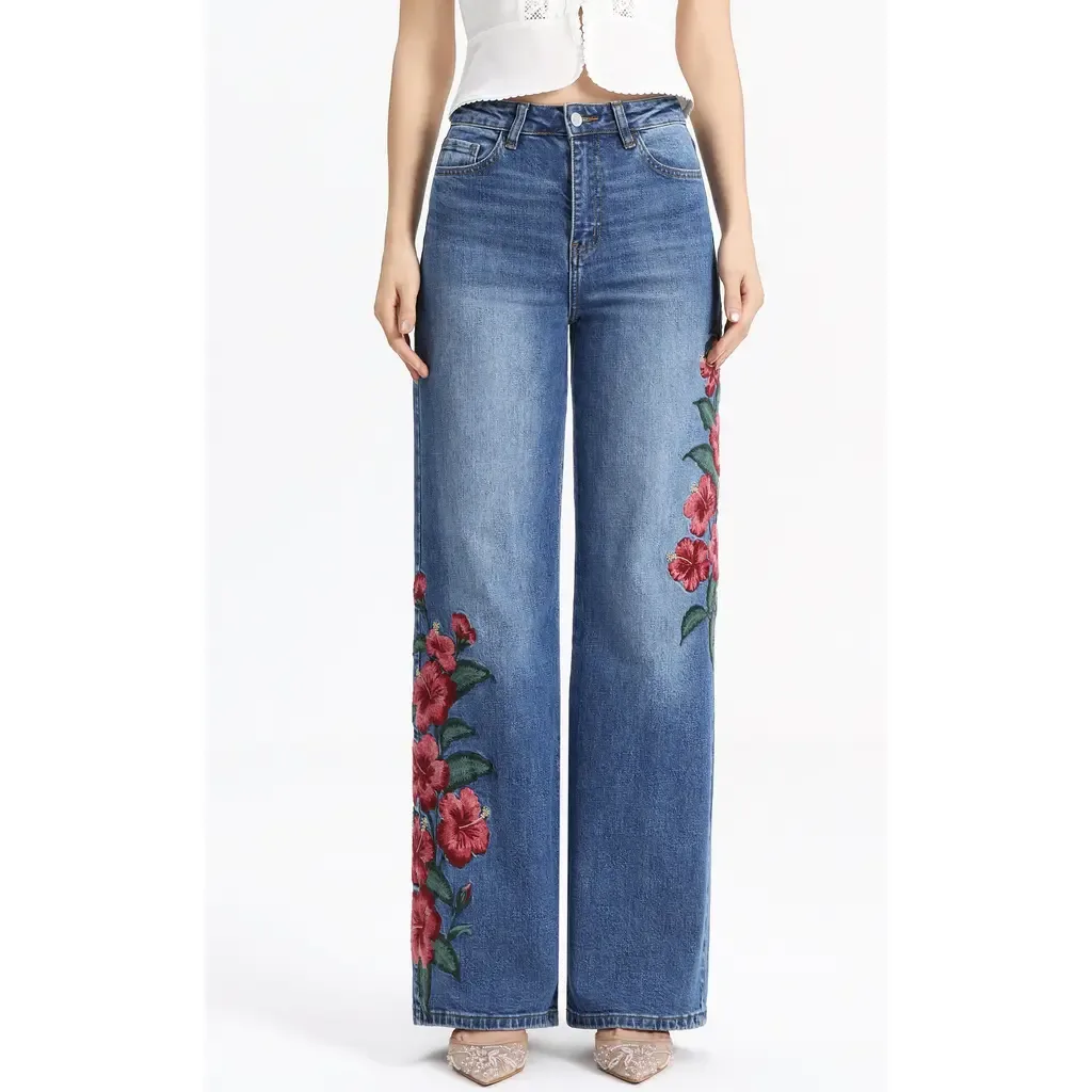 Floral Embroidered High Waist Straight Leg Jeans by Bayeas
