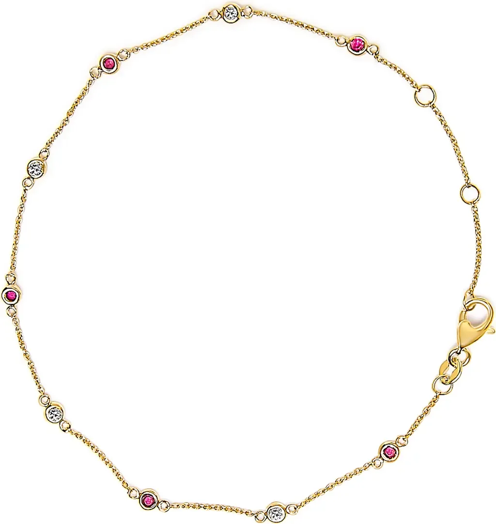 14K Yellow Gold Alternating Red Ruby and White Diamond Bezel Station Chain Bracelet