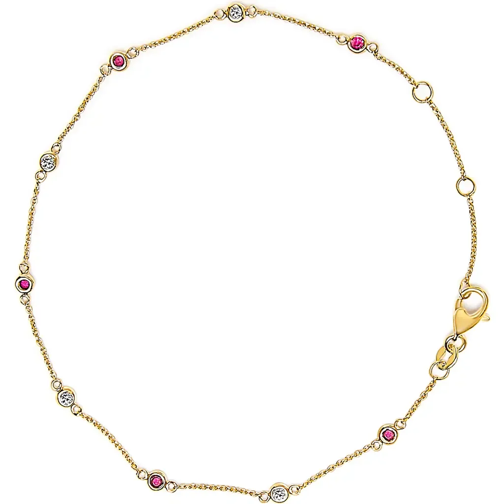 14K Yellow Gold Alternating Red Ruby and White Diamond Bezel Station Chain Bracelet