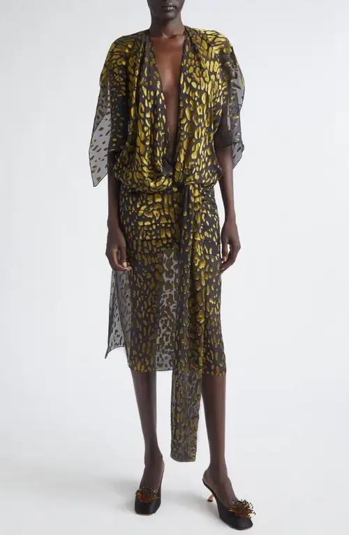 Plunge Neck Belted Devoré Silk Blend Georgette Dress by FERRAGAMO