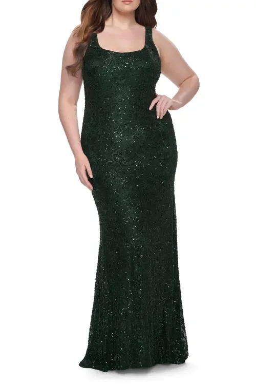 Beaded Lace Fitted Dress with Square Neckline by La Femme