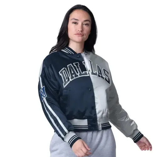 Starter Navy/Silver Dallas Cowboys Zone Blitz Cropped Full-Snap Satin Jacket by STARTER