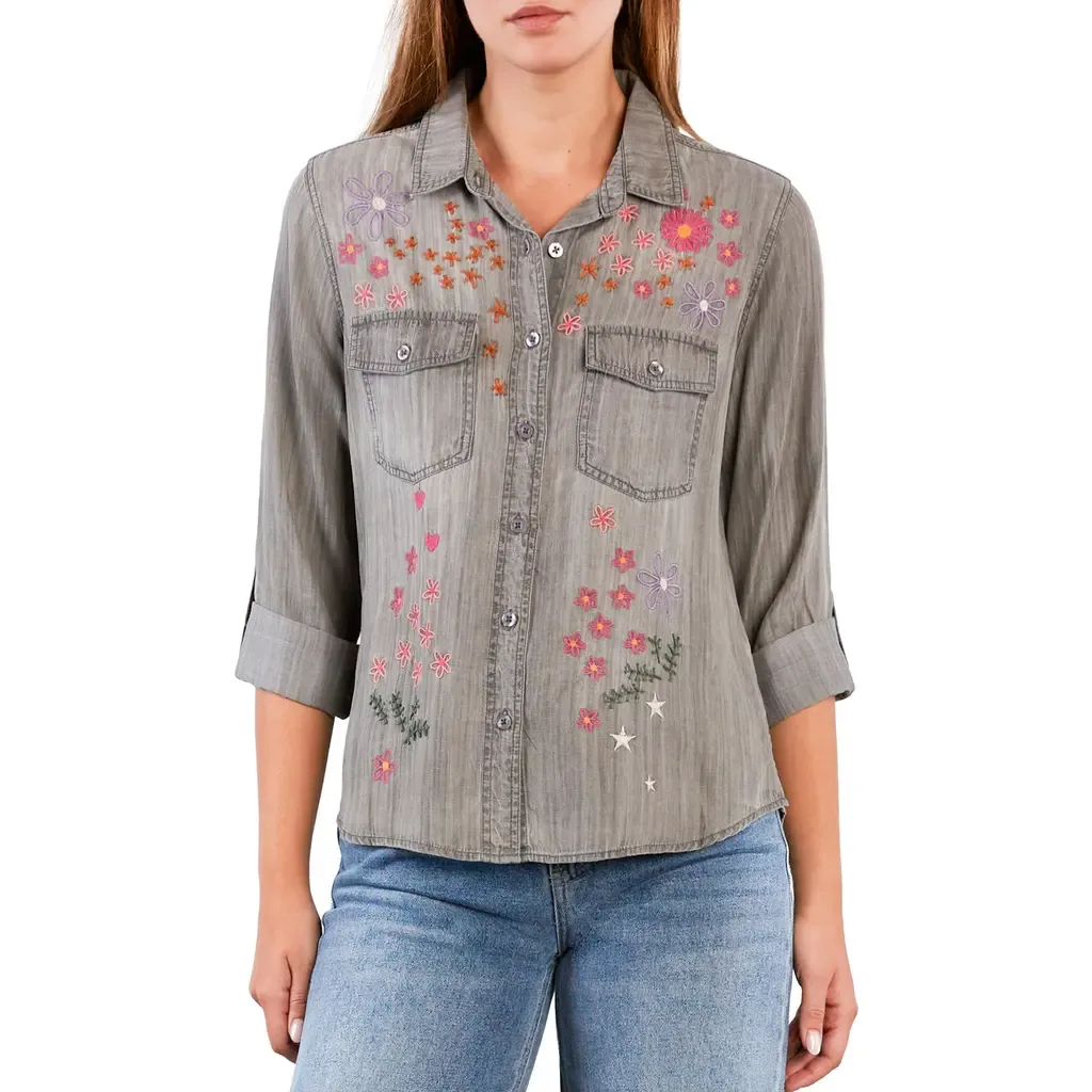 Floral Crush Embroidered Denim Shirt by Billy T