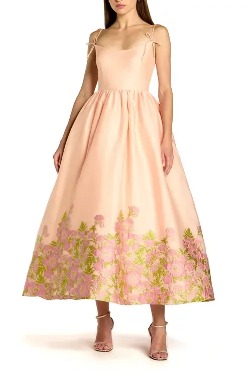 Spaghetti Strap Organza Midi Dress with Bow Detail by Mac Duggal