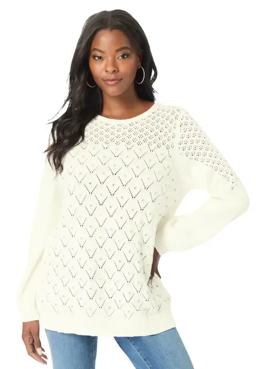 Rhinestone Pointelle Knit Sweater by Roaman's