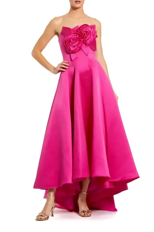 Strapless Satin High Low Gown with 3D Flowers
