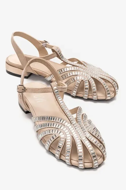 Lavina Embellished Sandal in Beige Suede by Prologue Shoes