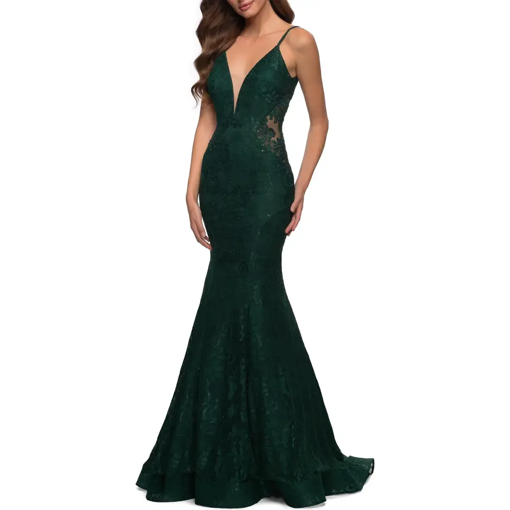 Long Mermaid Lace Dress with Back Rhinestone Detail by La Femme