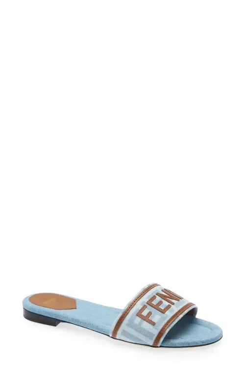 Flat Denim Logo Slide Sandal by Fendi
