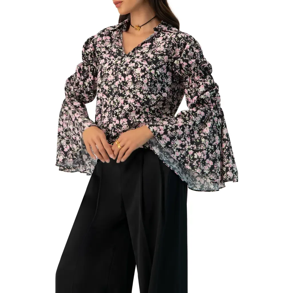 Collared Long Sleeve Floral Print Blouse by IVONNE