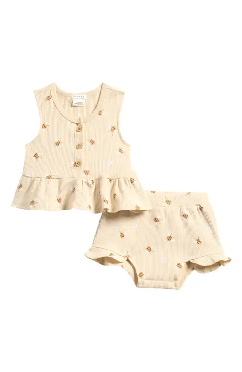 Bees Print Rib Peplum Top & Bloomers Set by Petit Lem