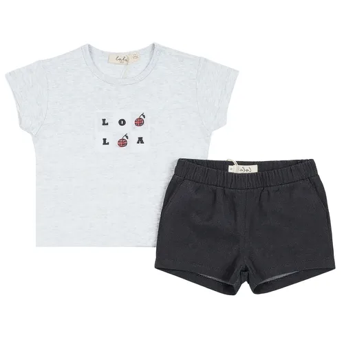2pc Woven Denim Short Set - Rib Knit Printed Top and Elastic Waist Shorts by LOLA