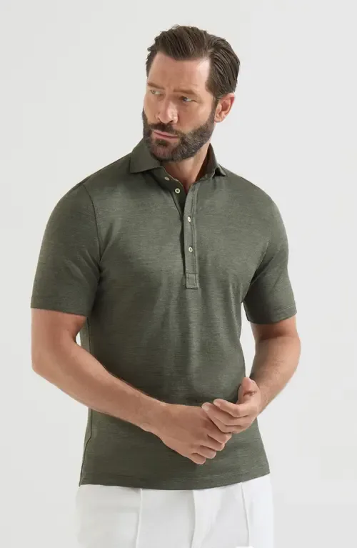 Virgin Wool, Silk and Cotton Piqué Polo Shirt with Spread Collar by Brunello Cucinelli