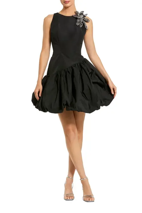 Bubble Hem Mini Dress with Hand Beaded Flower