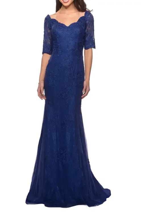 Floor Length Lace Dress with Rhinestone Accents by La Femme