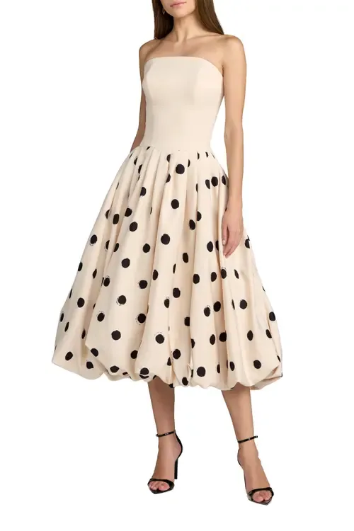 Strapless Polka Dot Crepe Bubble Skirt Midi Dress by Mac Duggal