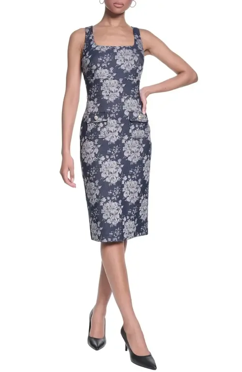 Floral Stretch Denim Jacquard Sheath Dress by KARL LAGERFELD PARIS