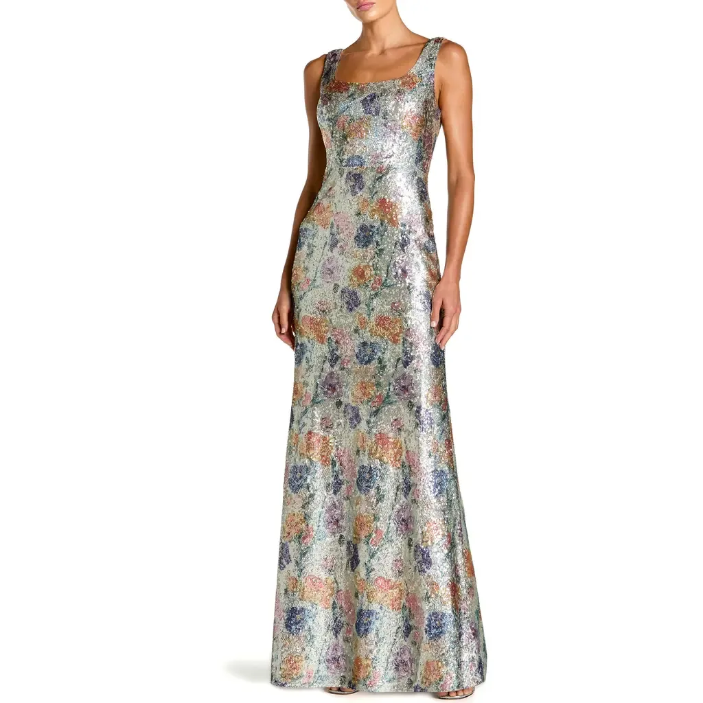 Floral Sequin Sleeveless Square Neck Fitted Gown