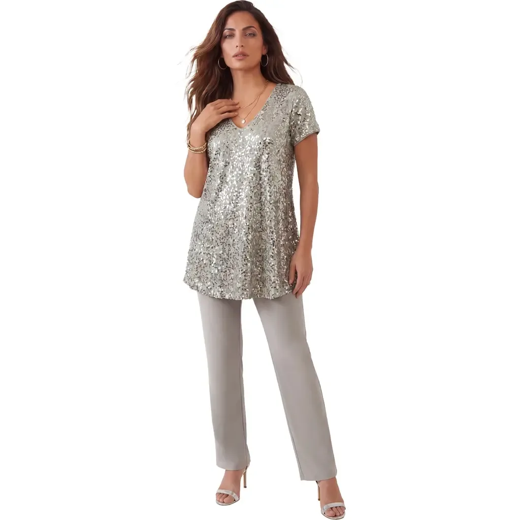 2 Piece S/S Sequin Top and Pant Set by Roaman's