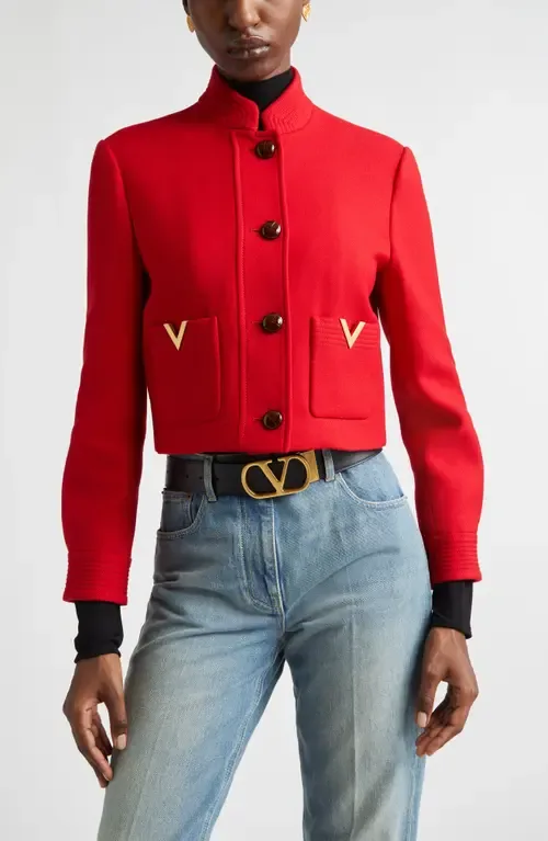 V-Detail Wool & Silk Double Drill Jacket by Valentino