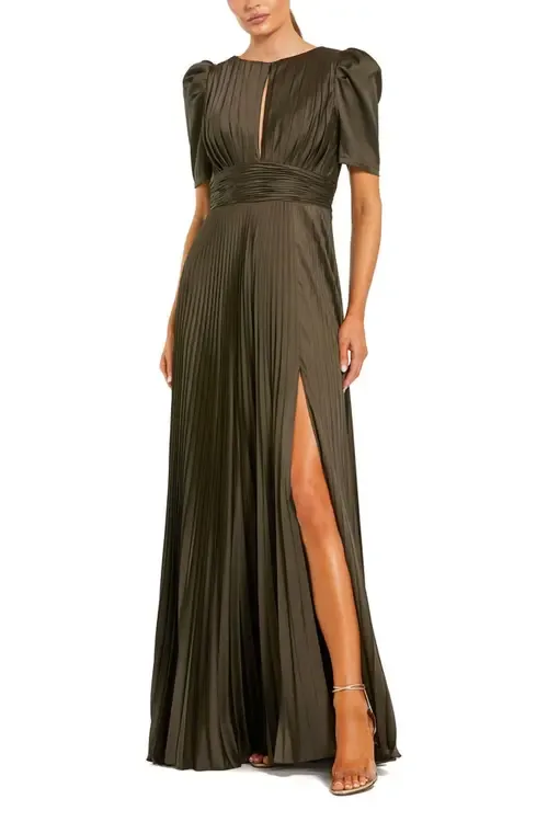 Pleated Charmeuse Puff Sleeve Evening Gown with Slit