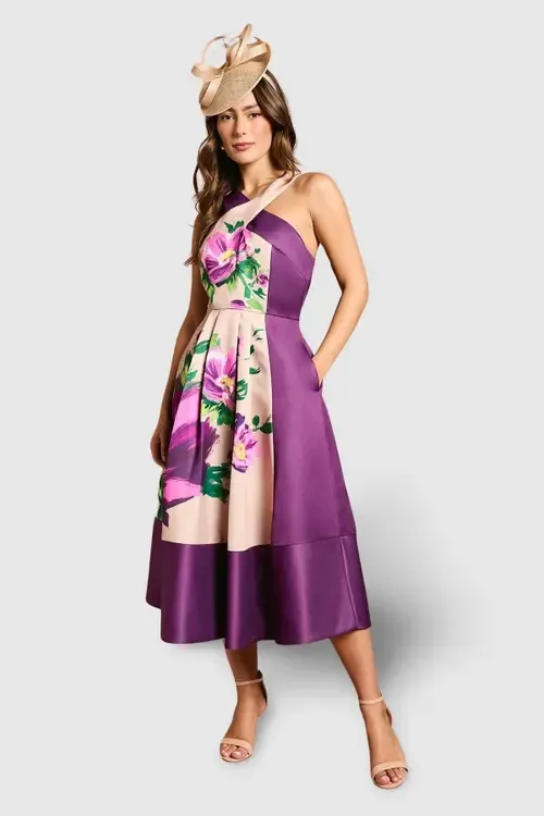 Printed Cross Neck Satin Midi Dress by Coast