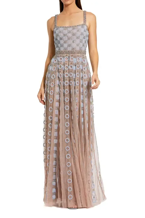 Sleeveless Embellished Mesh A-Line Evening Gown by Mac Duggal