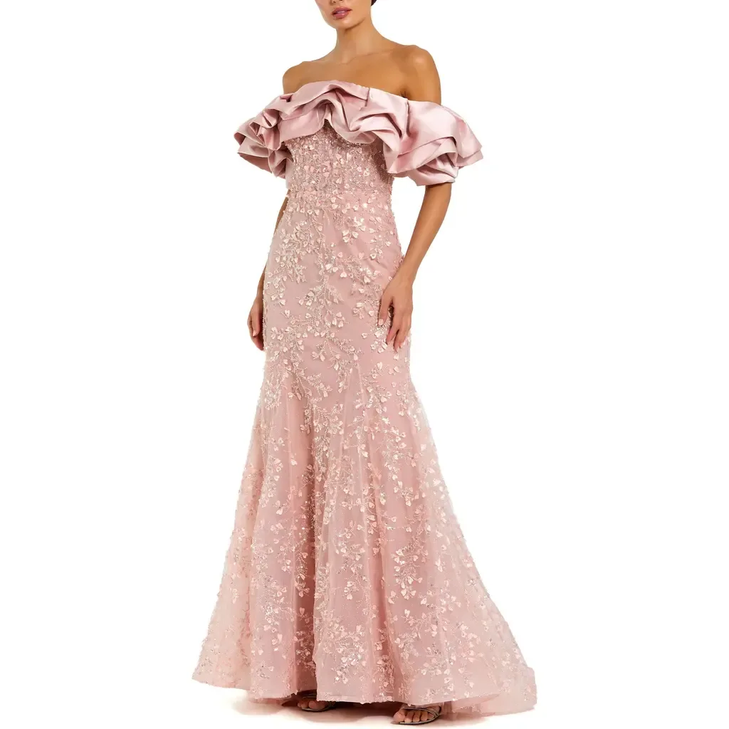 Beaded Applique Off the Shoulder Mermaid Gown by Mac Duggal