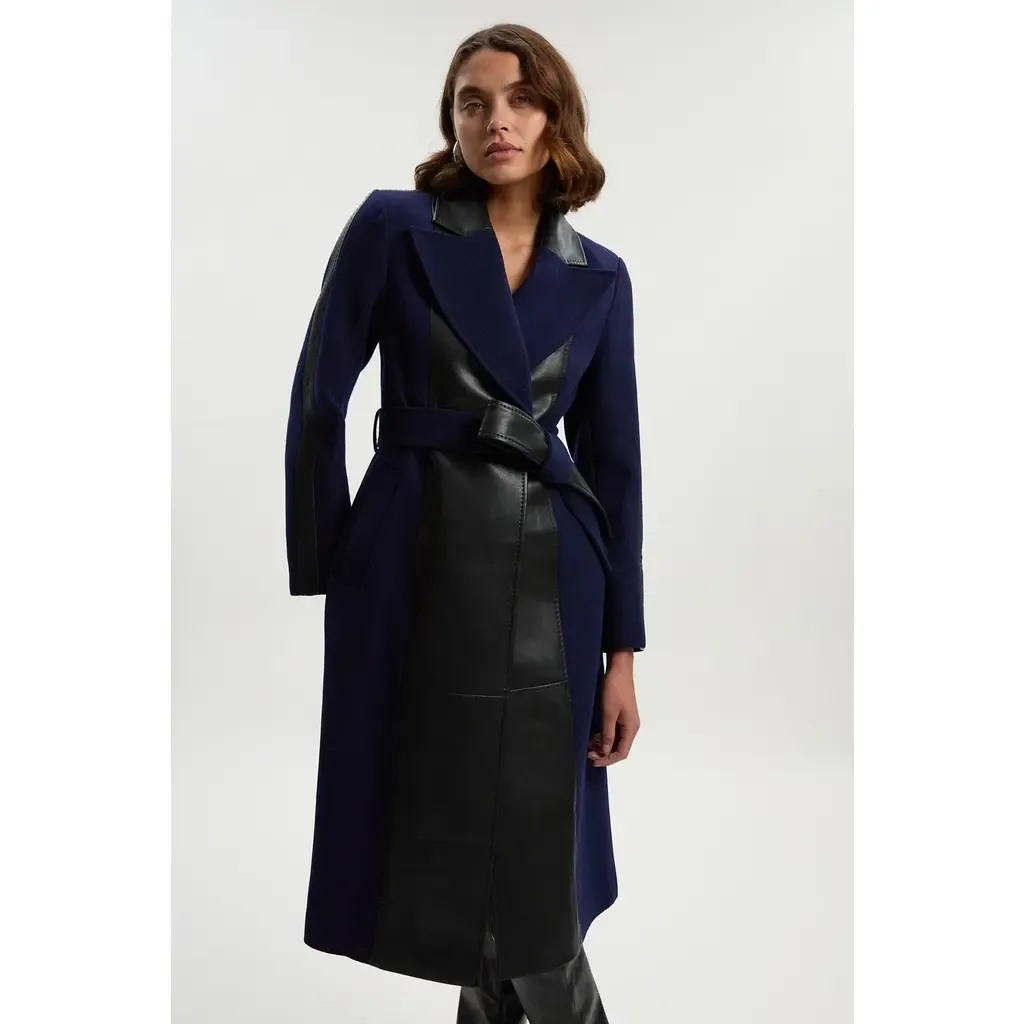 Wool Pu Mix Belted Midi Coat by Karen Millen