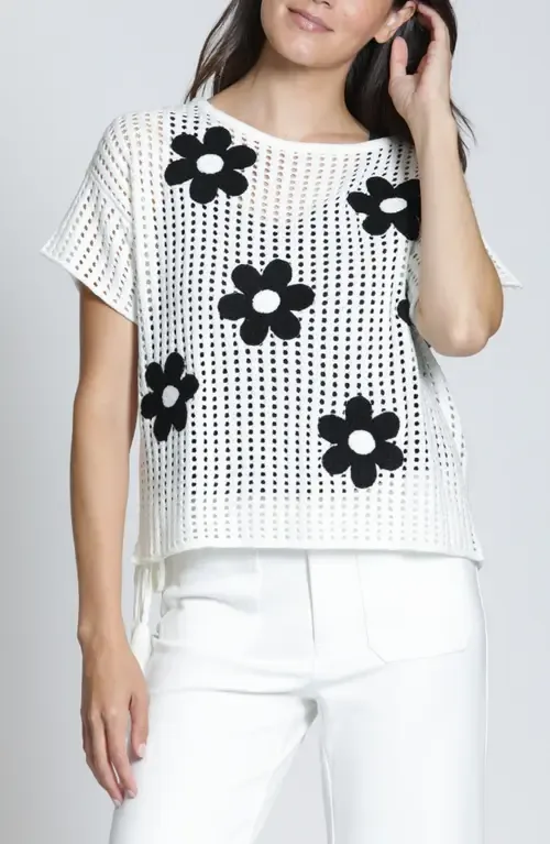 Floral Appliqué Open Stitch Sweater by APNY