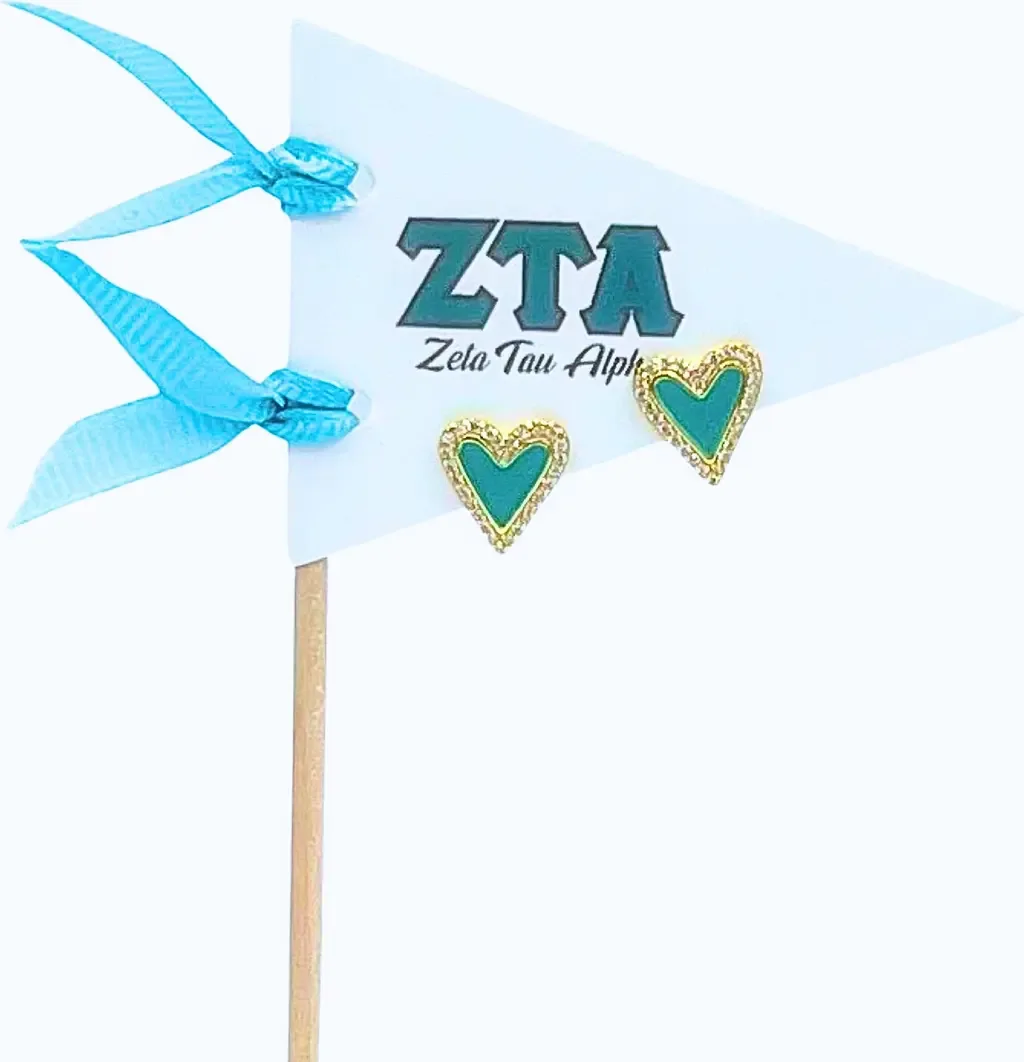 Zeta Tau Alpha Heart Stud Enamel Earrings on Sorority Pennant Flag by Color Shout