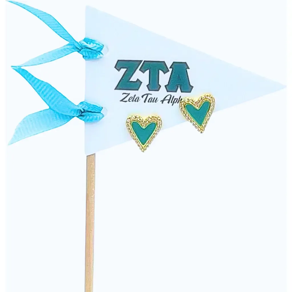 Zeta Tau Alpha Heart Stud Enamel Earrings on Sorority Pennant Flag by Color Shout