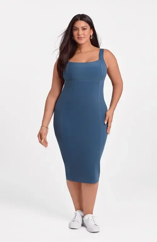 Sculpting Shapewear Denim Square Neck Tank Midi Dress by S3 Apparel