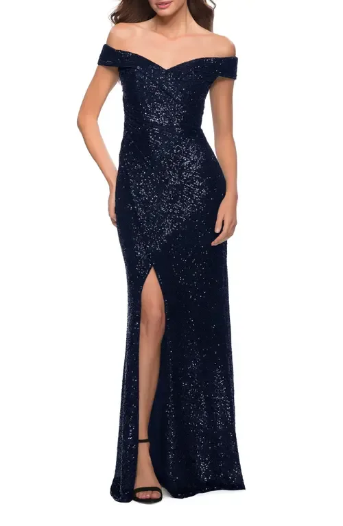 Off the Shoulder Ruched Sequin Dress with Slit by La Femme