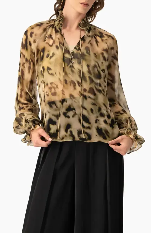Sheer Chiffon Tie-Neck Blouse in Abstract Animal Print