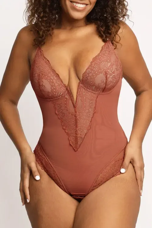 Shapewear Lace Deep V-Neck Sculpting Thong Bodysuit by Popilush
