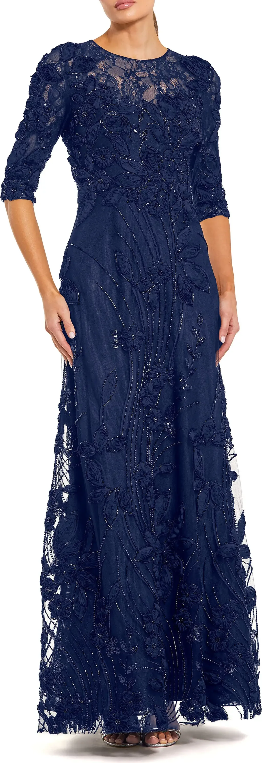 3/4 Sleeve High Neck Embroidered a Line Gown