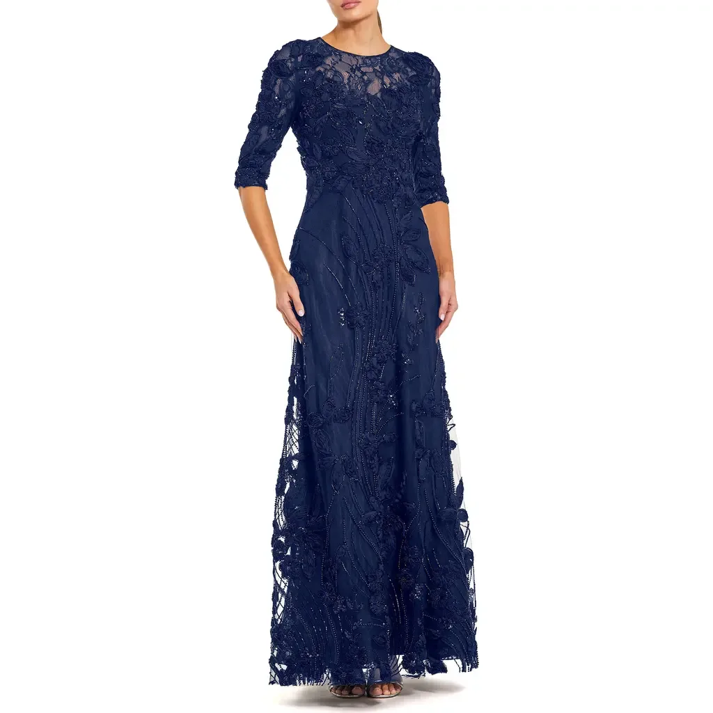 3/4 Sleeve High Neck Embroidered a Line Gown