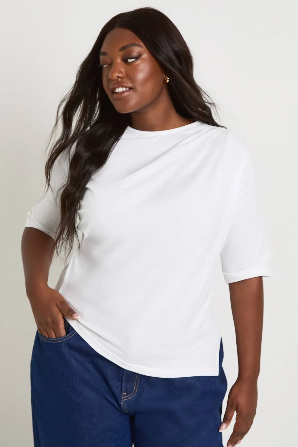 Plus Asymmetric Hem Cinched Waist 3/4 Sleeve T-Shirt