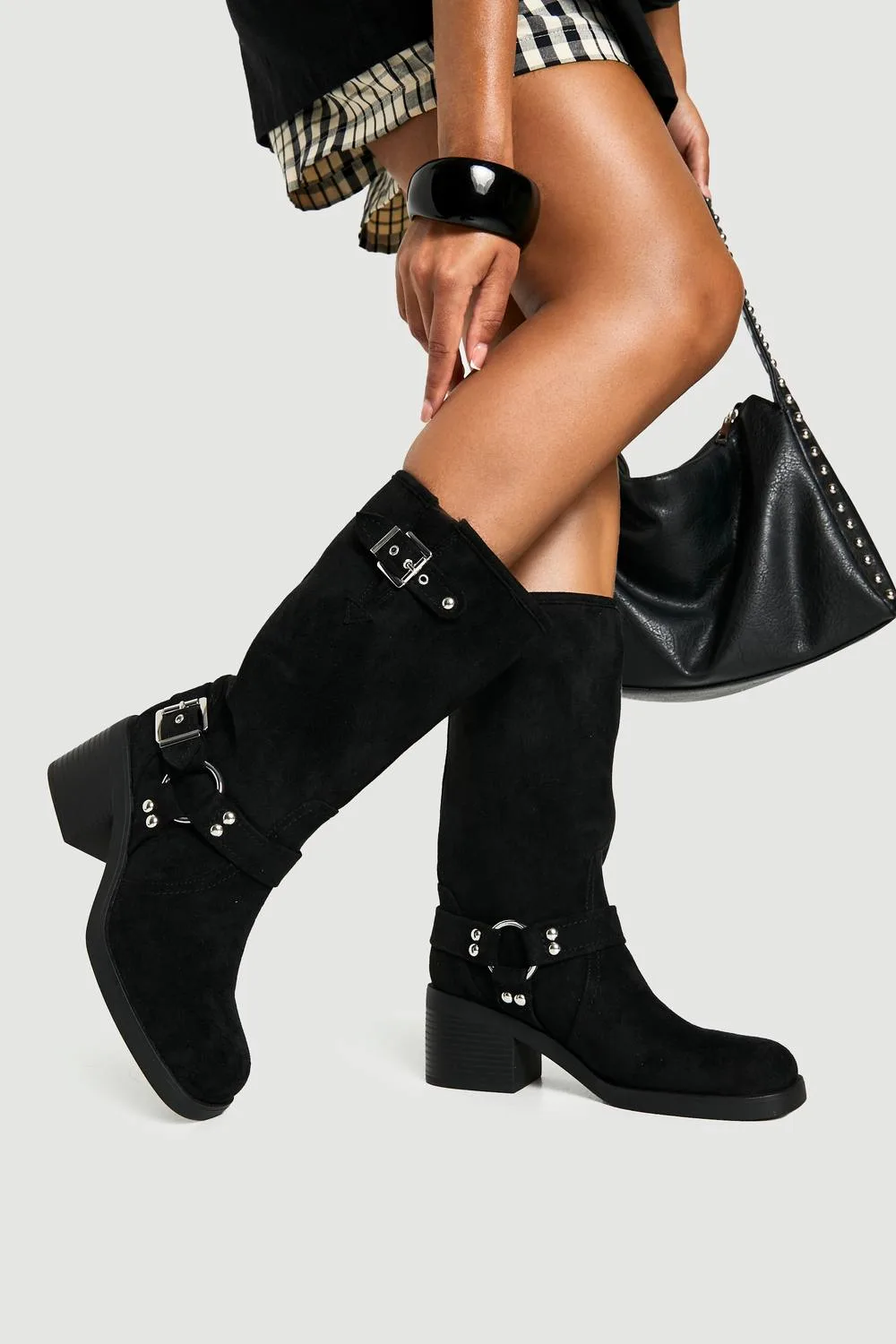 Faux Suede D Ring Heeled Biker by boohoo