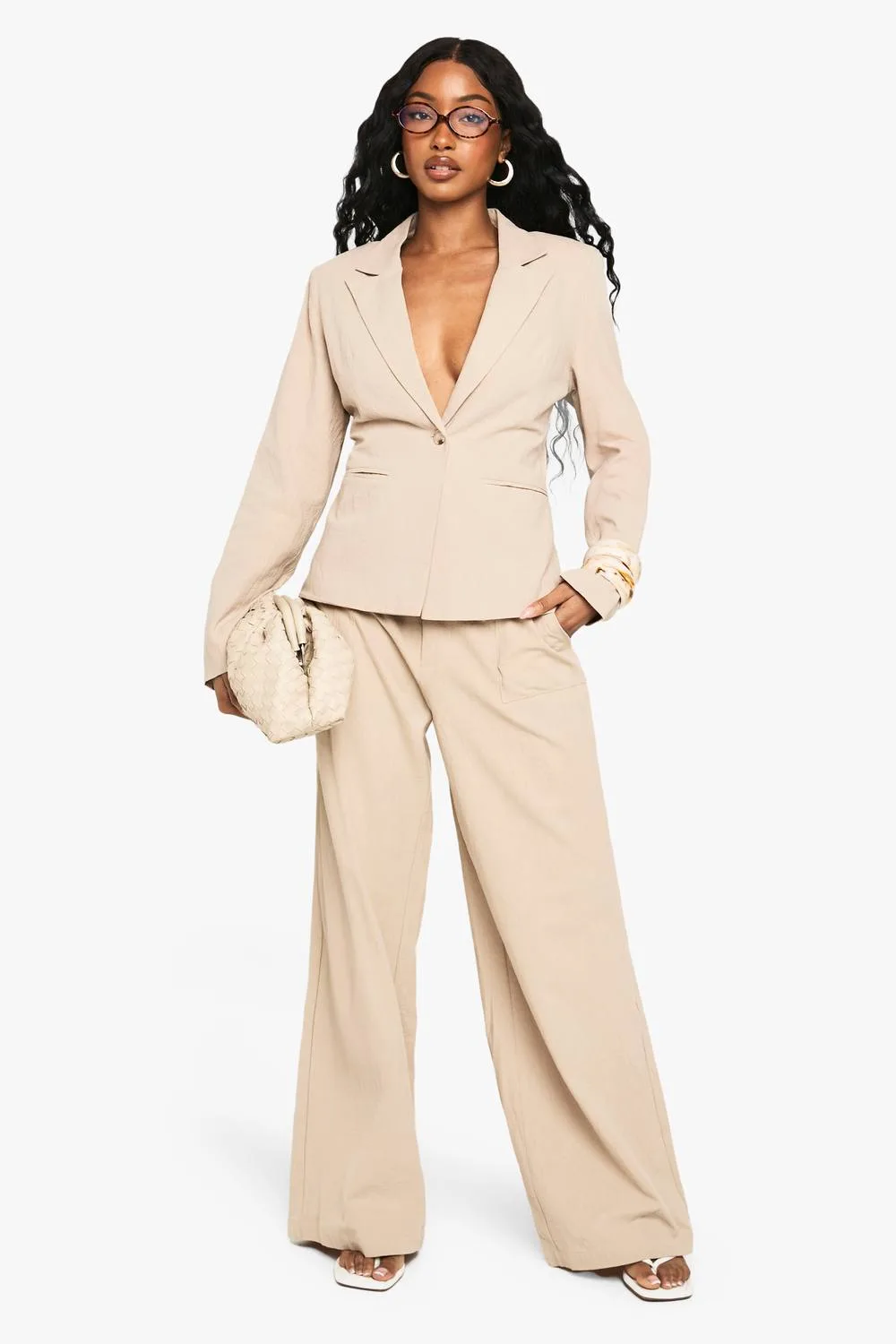 Tailored Linen Look Straight Leg Trousers - Stone by boohoo