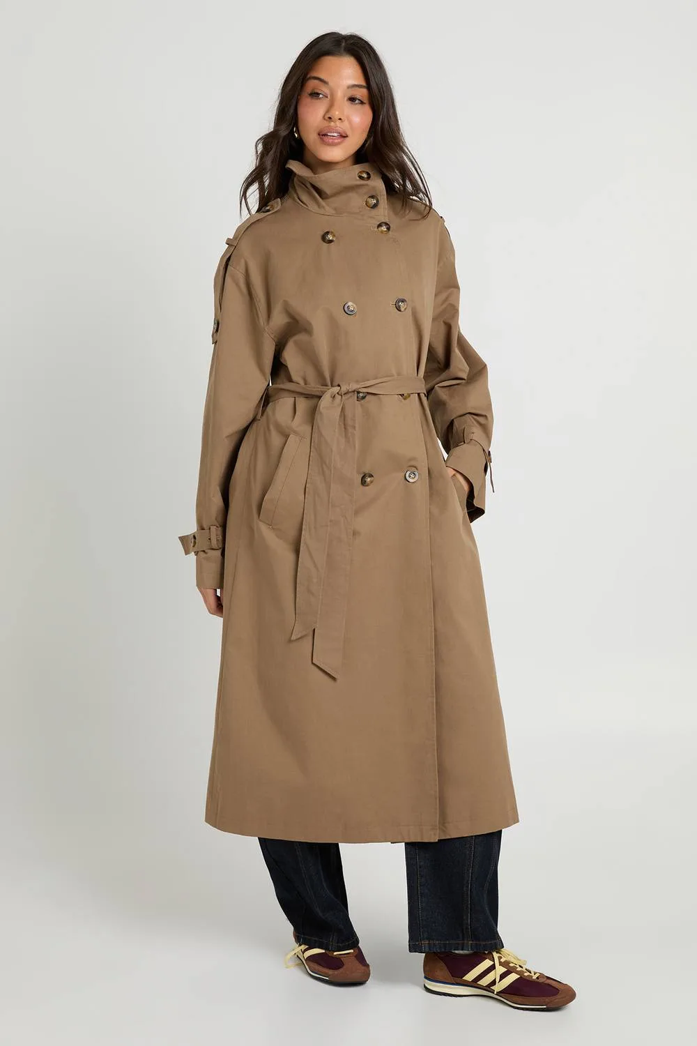 Funnel Neck Double Breasted Trench