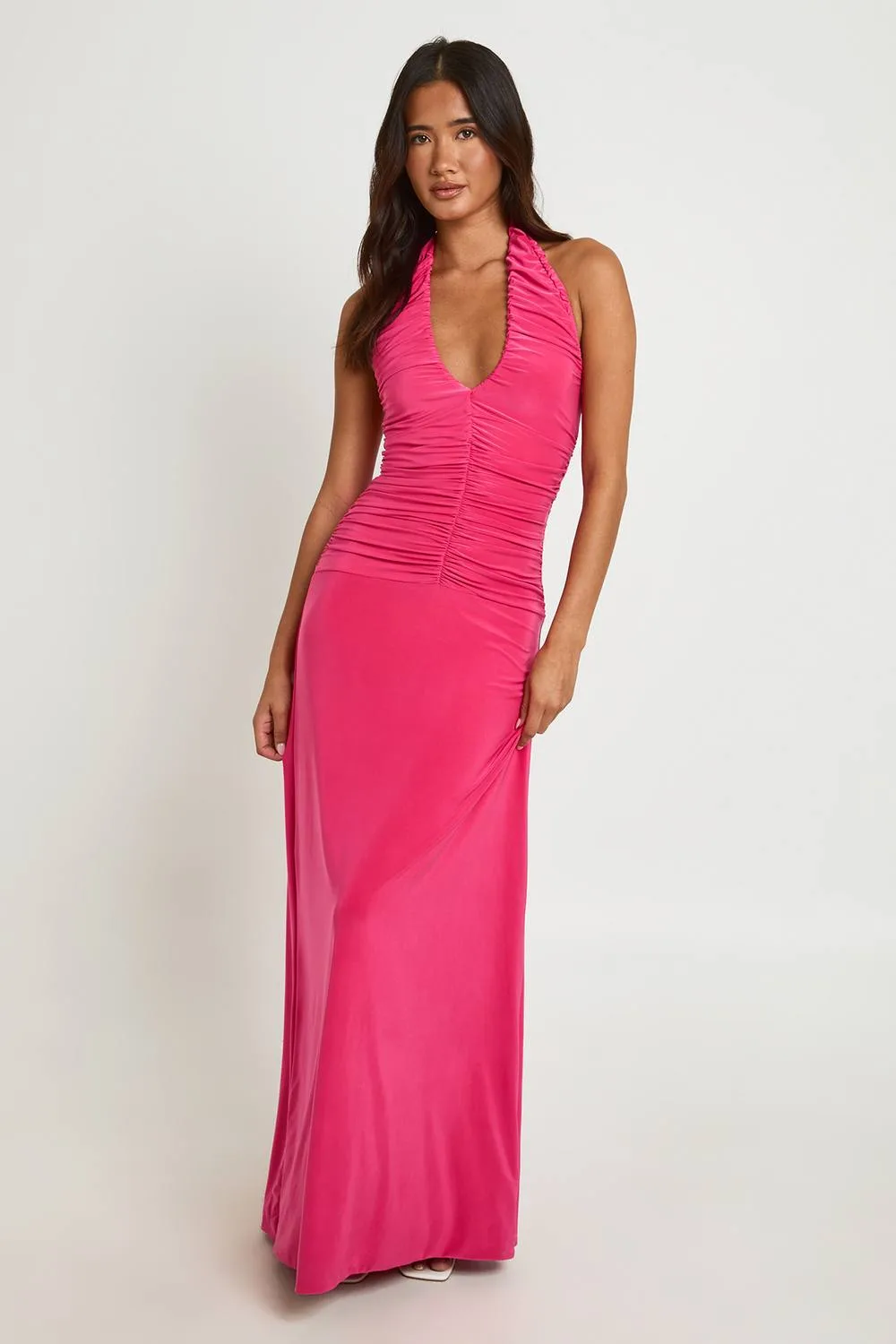 Double Layer Ruched Halterneck Maxi Dress by boohoo