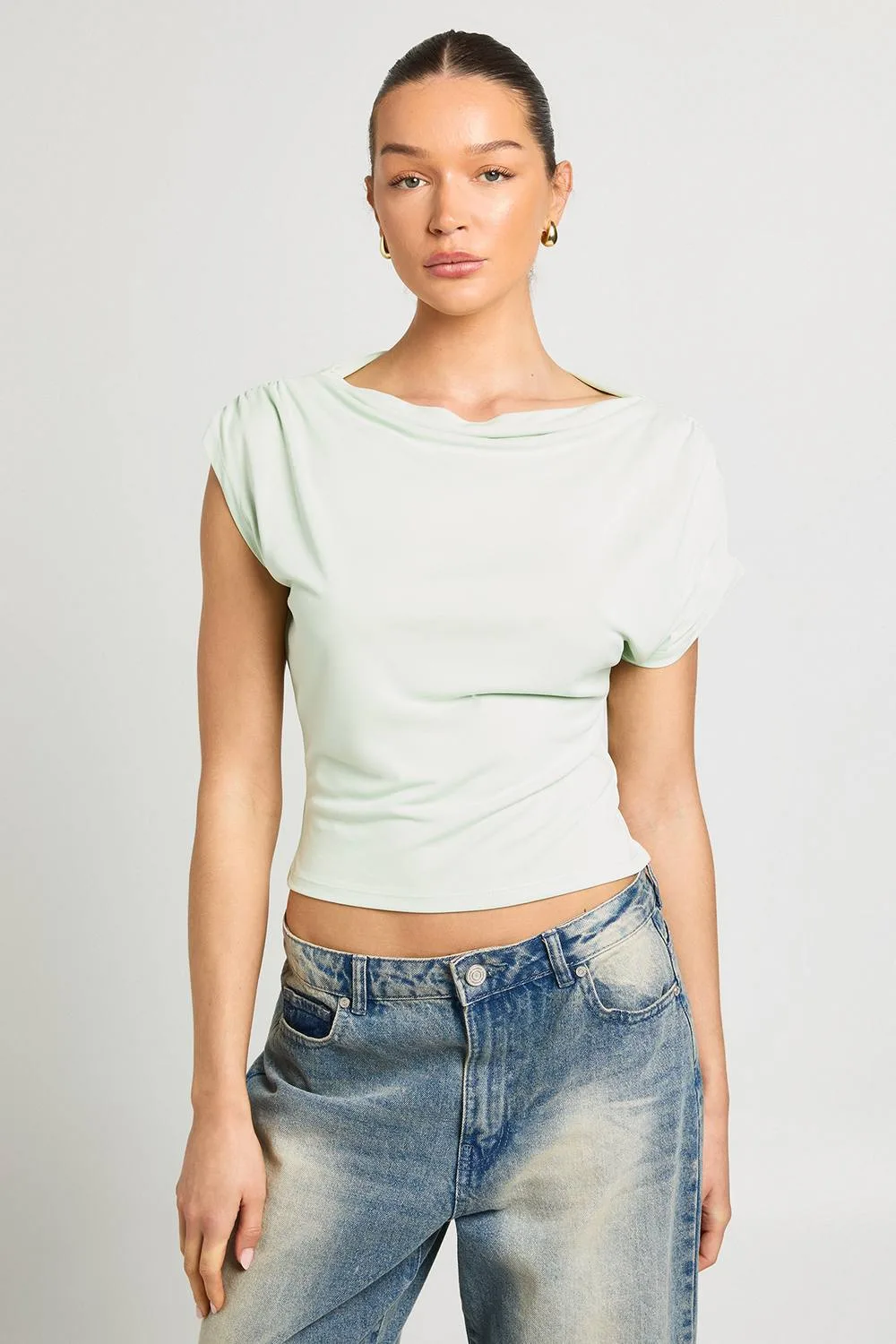Cupro Ruched Asymmetric Sleeve Drape Top by boohoo