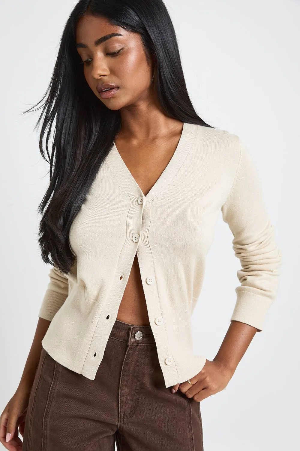 Rib Knit Cinched Hem Cardigan - Stone by boohoo