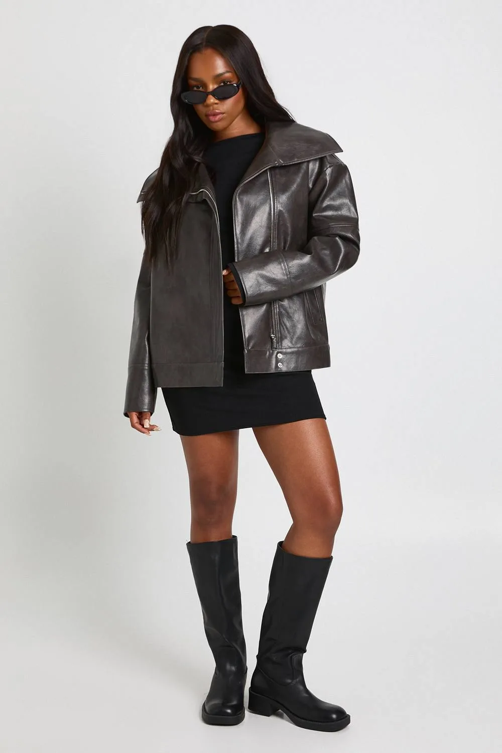 Oversized Collar Pu Jacket by boohoo