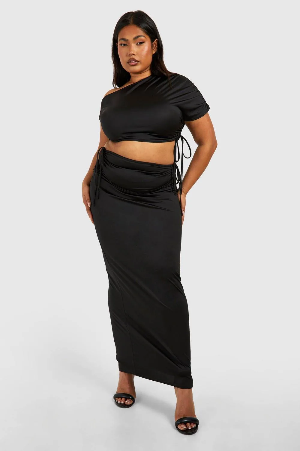 Ruched Drape Shoulder Crop Top & Maxi Skirt by boohoo